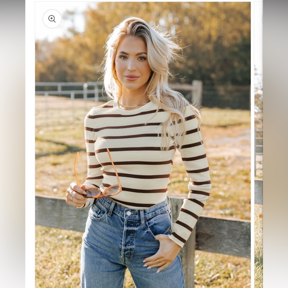 Le Lis Striped Long Sleeve Top Large NWT Cream with Brown stripe - Picture 1 of 7